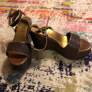 Prada bronze and gold embossed wedge sandals